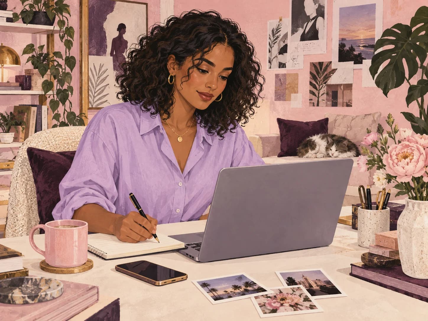 Illustration of a personal manager working on a laptop and taking notes.